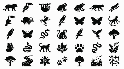 Fototapeta premium Jungle animal outlines: cats, birds, frogs, insects, trees 