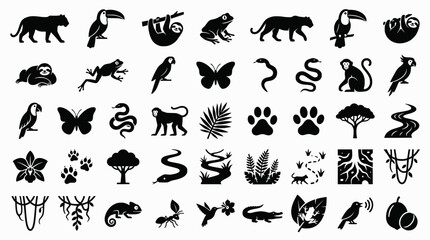 Fototapeta premium Jungle animal outlines: cats, birds, frogs, insects, trees 