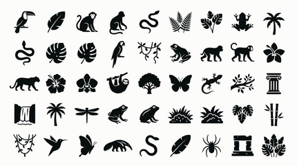 Fototapeta premium Nature icons collection: animals and plants in bold black silhouette style 