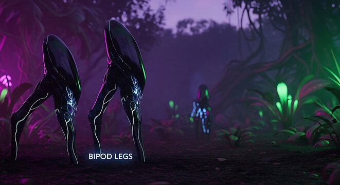 Alien creatures with glowing lines in a futuristic forest with purple and green plants and trees in the background