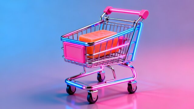 Miniature shopping cart with orange box inside, illuminated by neon pink and blue lighting
