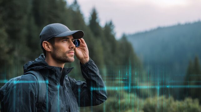 Young man in a black jacket and cap uses a modern gadget in a lush green forest, focusing intently on the device. Digital sound waves overlay the scene, suggesting advanced technology outdoors