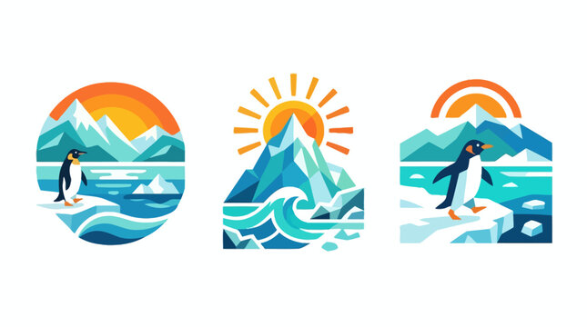 Set of Penguin Logos with Arctic Landscape