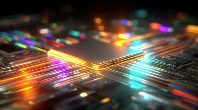 Powerful quantum processor with prismatic wave pulses and digital circuit board visualization (AI Generated)