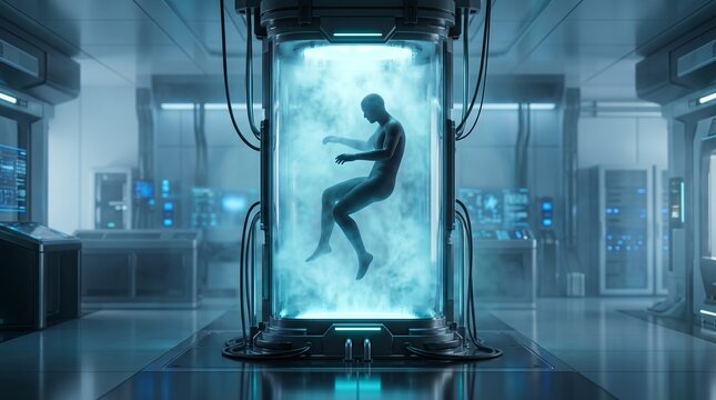 Futuristic human body in cryogenic pod advanced laboratory concept