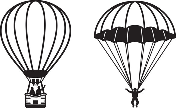 Comparison of hot air balloon and parachute with skydiver parachute skydiver transport adventure activity silhouette illustration recreation excitement expedition