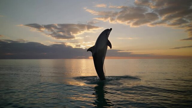 Dolphins jump above the water at sunset near the shore