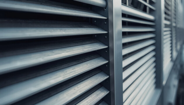 Industrial brushed steel ventilation louvers macro. Cooling system.