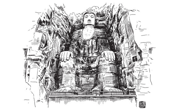 : Leshan Giant Buddha Maitreya Statue Carved into Sichuan Cliff Face Illustration