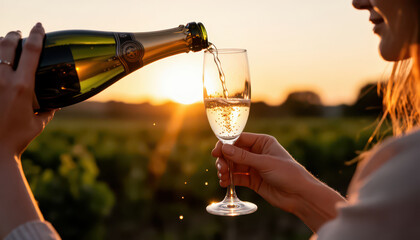 Fototapeta premium A woman pours champagne into a glass while the sun sets over the vineyard. The woman enjoys the champagne as sparkling bubbles rise in the glass.
