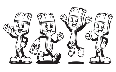 Vintage Paint Brush Character Collection with Paint Bucket and Jumping Poses © trianatio