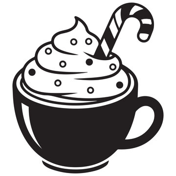 Hot cocoa mug with whipped cream and candy cane vector illustration for winter holiday design