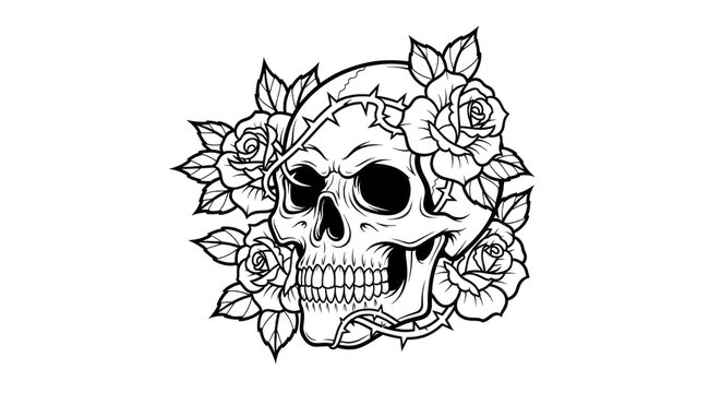 Intricate vector line art skull surrounded by roses tattoo design with detailed floral patterns
