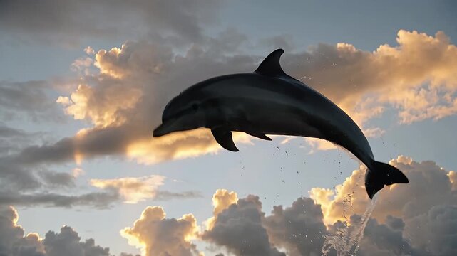 Dolphins jumping in the ocean during sunset near a cloudy sky with scenic views of nature