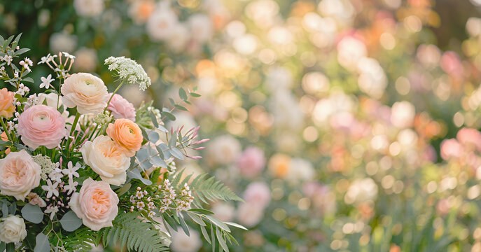 A beautifully arranged bouquet of pastel roses among a soft-focus floral background, creating a dreamy and romantic atmosphere in a garden setting.