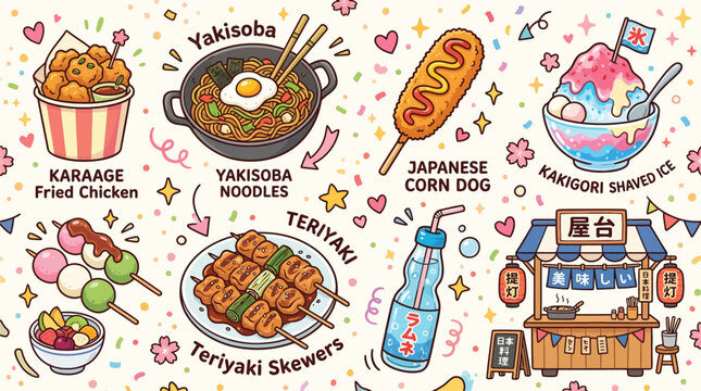 A vibrant illustration of various popular Japanese street foods and festival snacks, including yakisoba, karaage, corn dogs, and shaved ice, set against a festive background.