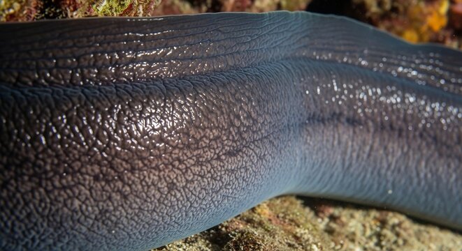 Close up of a Moray Eels textured skin underwater.