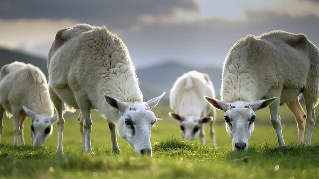 Sheep graze in a green field at sunset while the sun sets over the mountains in the background