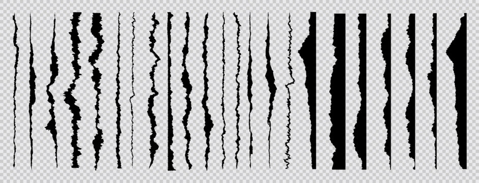 Jagged torn paper rip edge effect of black recycled sheet. Vector collection of page piece blank card tag label banner divider claw cut line. Cardboard tear edge clipart kit bundle on like png bg.