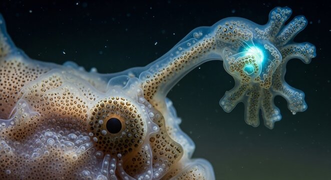Close-up of a bizarre deep-sea anglerfish with bioluminescent lure.