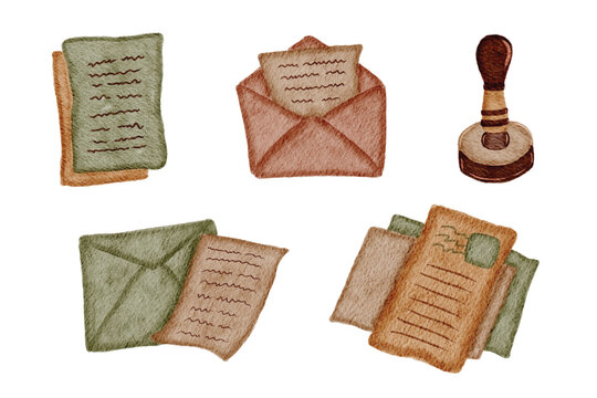 Vintage Watercolor Letter and Envelope Set with Postal Stamp Illustration