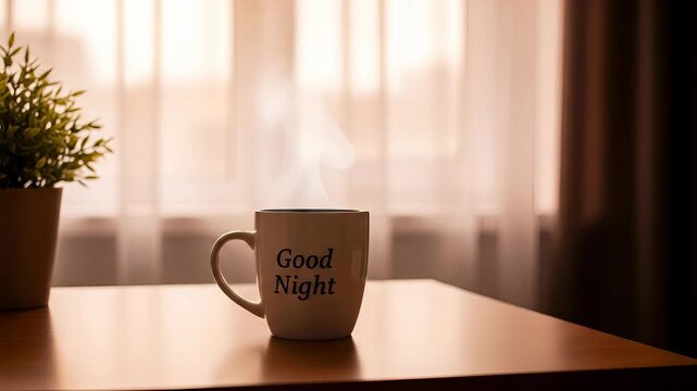 Relaxing Evening Ritual: Steaming Mug of Good Night Beverage in a Cozy Room