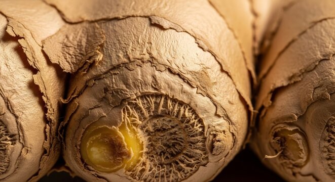 Close-up Macro Shot of Fresh Ginger Root Texture and Details.