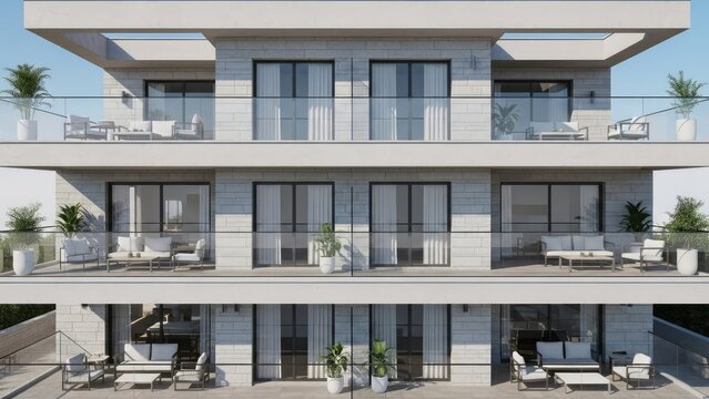 Modern multi story residential building with balconies and minimalist design