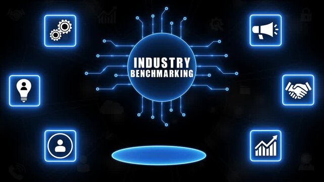 Industry Benchmarking Concept with Icons and Circuit Board Design.4k Animation.