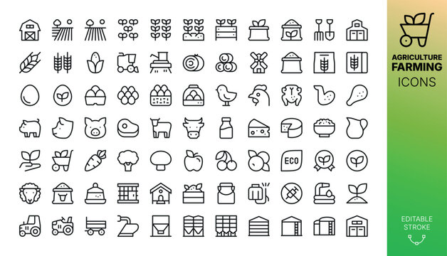 Farming and Agriculture line icons set. Set of poultry farm, pig farming, organic products, combine harvester, tractor, silo storage, grain elevator bin, barn, plowed field, plantation vector symbols
