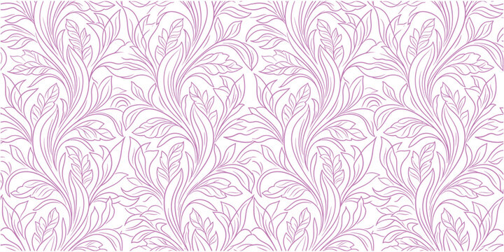 Elegant purple floral damask pattern background. Ornate vintage leaves and botanical curves create seamless decorative texture. Classic luxury design for wallpaper, textile, and digital prints. 