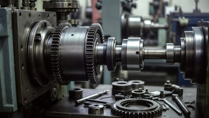 Fototapeta premium Industrial Machinery Components in a Manufacturing Workshop Environment