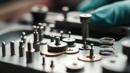 Naklejka premium Close-up of Metal Gears and Engine Components on Workshop Table