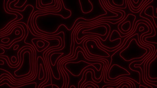 Flowing red contour lines, abstract topographic pattern with smooth organic motion on dark background with alpha channel. Abstract animated outline topographic map. Seamless looped animation 4k