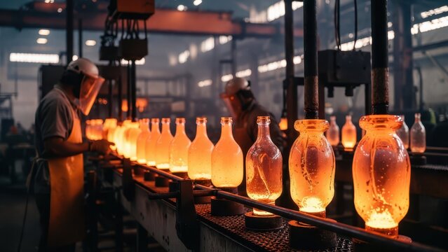 Glassblowing Process in a Factory with Bottles on Production Line