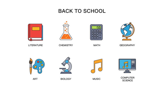 Back to school icon set with 8 education symbols, flat line school subject icons for literature and math, academic science and art vector elements