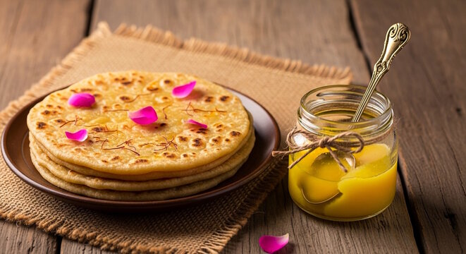 Traditional Indian Gujarati food flat bread sweet roti  Puran poli or Vedhmi, also Know in India as khasta roti, sweet fulka chapati, stuffing with mixer of jaggery, cows ghee and cooked tuvar dal  