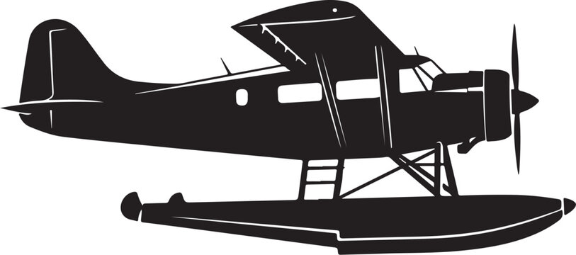 Black and white seaplane vector, floatplane illustration, aircraft icon, aviation symbol