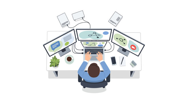 Modern programmer workstation flat vector, software developer working at multi-monitor desk, top view of professional coder office setup with laptop