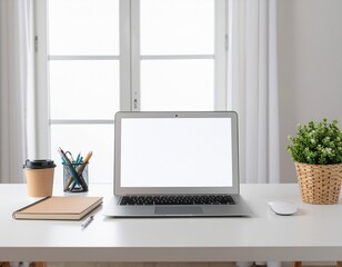 Fototapeta premium Minimalist home office setup with laptop mockup on white desk