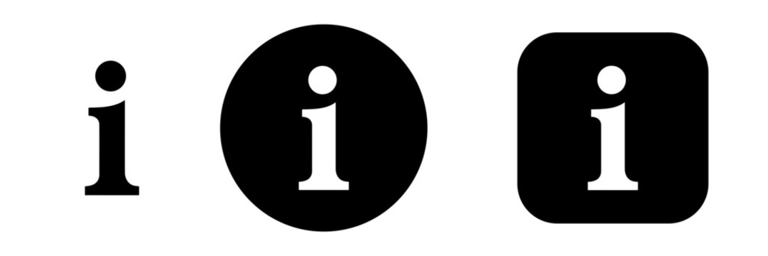 Information icon set with info symbol in solid button styles. Help, support and details UI icons for app interface, web navigation and user guidance design