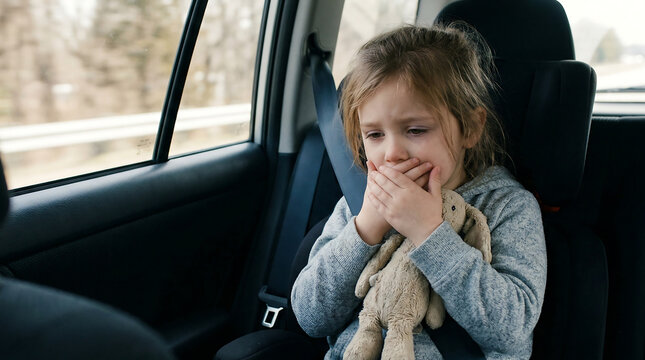 Nauseous Little Girl Suffering From Motion Sickness While Traveling