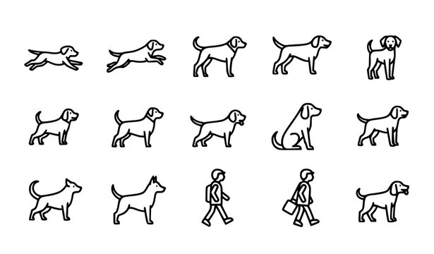 Dog icon set vector black white line poses running jumping illustration