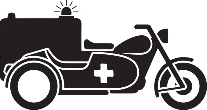 Black ambulance motorcycle icon, emergency vehicle symbol, medical transport illustration, simple silhouette