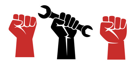 Fototapeta premium Silhouette set of hands holding tools including hammer wrench and mallet raised fists symbolizing protest power unity resistance and solidarity