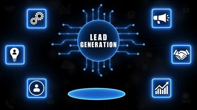 Lead Generation Concept with Connected Icons and Glowing Central Hub marketing sales.4K Animation.