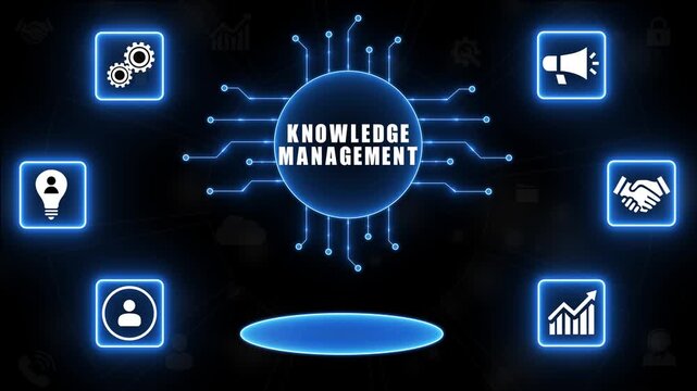 Knowledge Management Concept with Connected Icons and Glowing Central Hub information management data management.4K Animation.