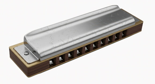 Vintage harmonica shining with warm lighting on a clean white background