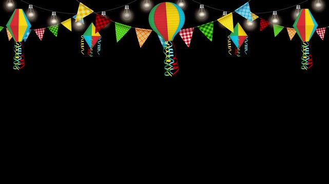 festa junina animated banner with colorful pennants, lightbulbs and lanterns