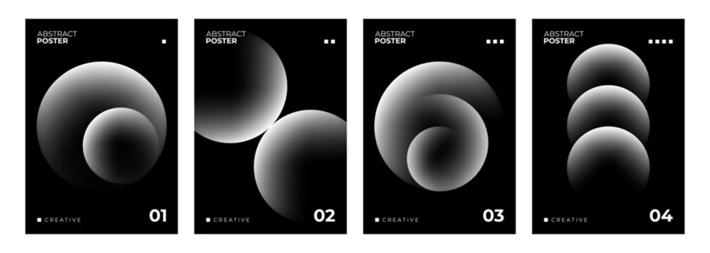 Set of futuristic abstract posters. Defocused white spheres on black background for creative graphic design. Vector illustration.